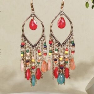 NEW Rainbow Dangle Handmade Long Beaded Gold Tassel Hollow Earrings